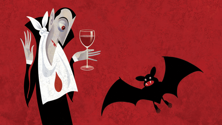 A real-life vampire probably couldn’t survive on blood alone An illustration shows a vampire looking at a black, cartoon bat. The vampire is holding a glass filled with blood. He's wearing a blood-stained napkin tied around his neck.