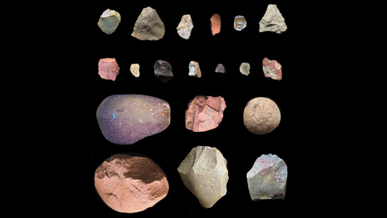 Ancient hominids made long road trips to collect stone for tools A matrix of stone tools on a black background.