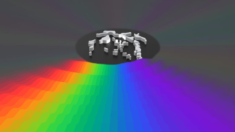 This device creates rainbows of sound An illustration shows a rainbow of colors, meant to represent different sound pitches, emanating from a circular acoustic device.