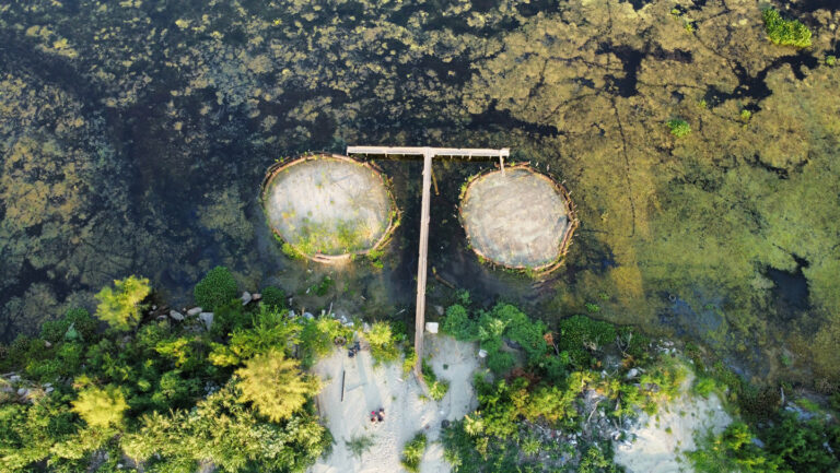 Recycled glass could help fend off coastal erosion A birds-eye view of two small circular islands surrounded by marshy forest. The island on the right is more sparsely vegetated in this image.
