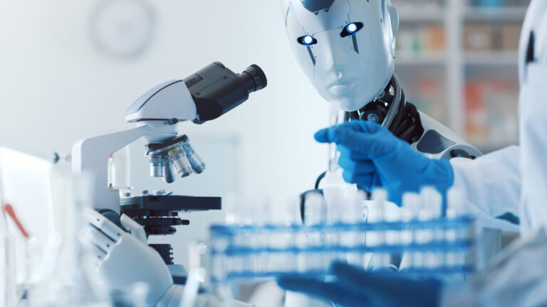 A conference just tested AI agents’ ability to do science This concept image shows a robot figure representing AI at a microscope while blue-gloved hands of a human scientist hold vials.