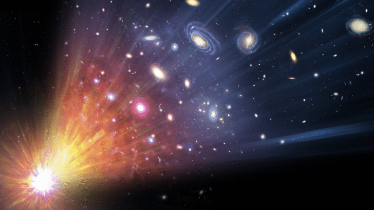 Let’s learn about spooky ‘dark energy’ an illustration of the big bang shows stars and galaxies bursting out from a tiny, bright point in space