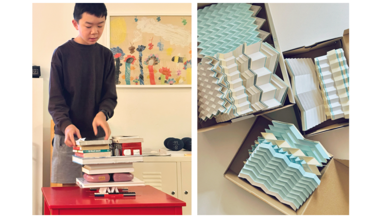 (left) a middle school boy stacks books on top of an origami structure on a table (right) a stack of zig-zag folded papers